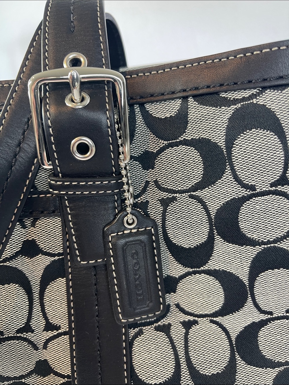 Coach Hampton Signature Jacquard Tote F12647 Black White Leather Large - Picture 11 of 11